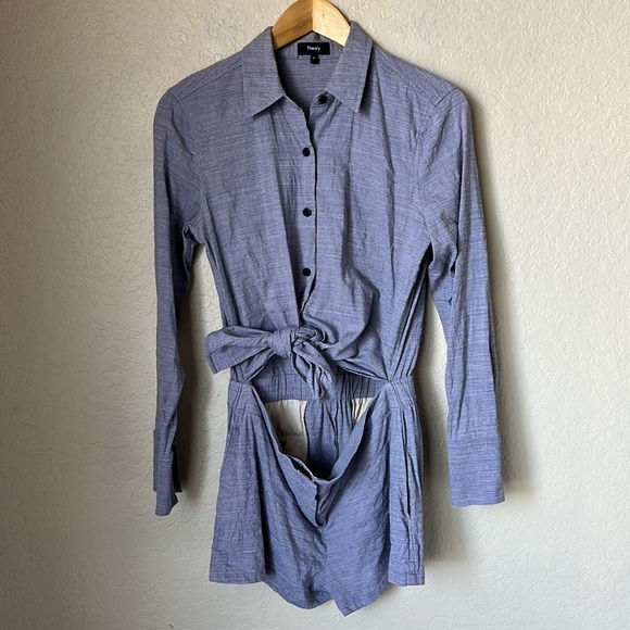 Theory grey blue ranay crunch wash linen blend romper - Picture 2 of 12